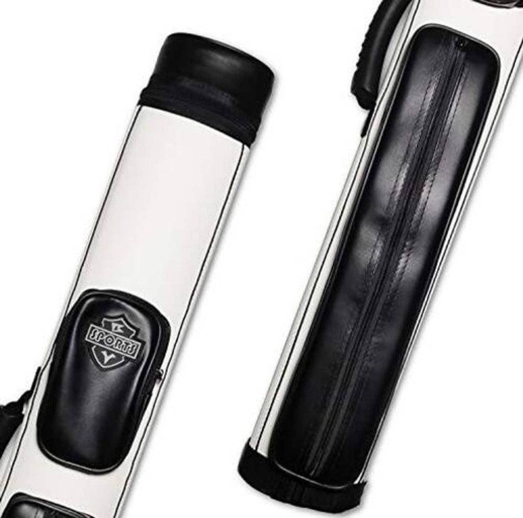 White billiard cue case close-up with black end badge and padded inner lining