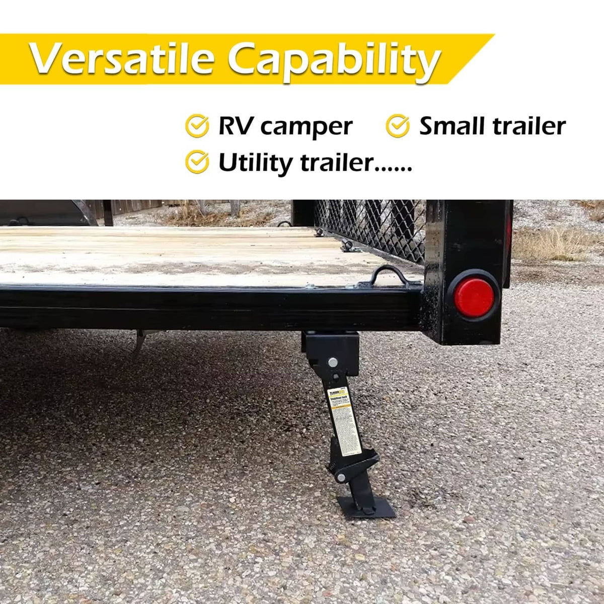 Black swing-down trailer stabilizer jack mounted under trailer frame for stability