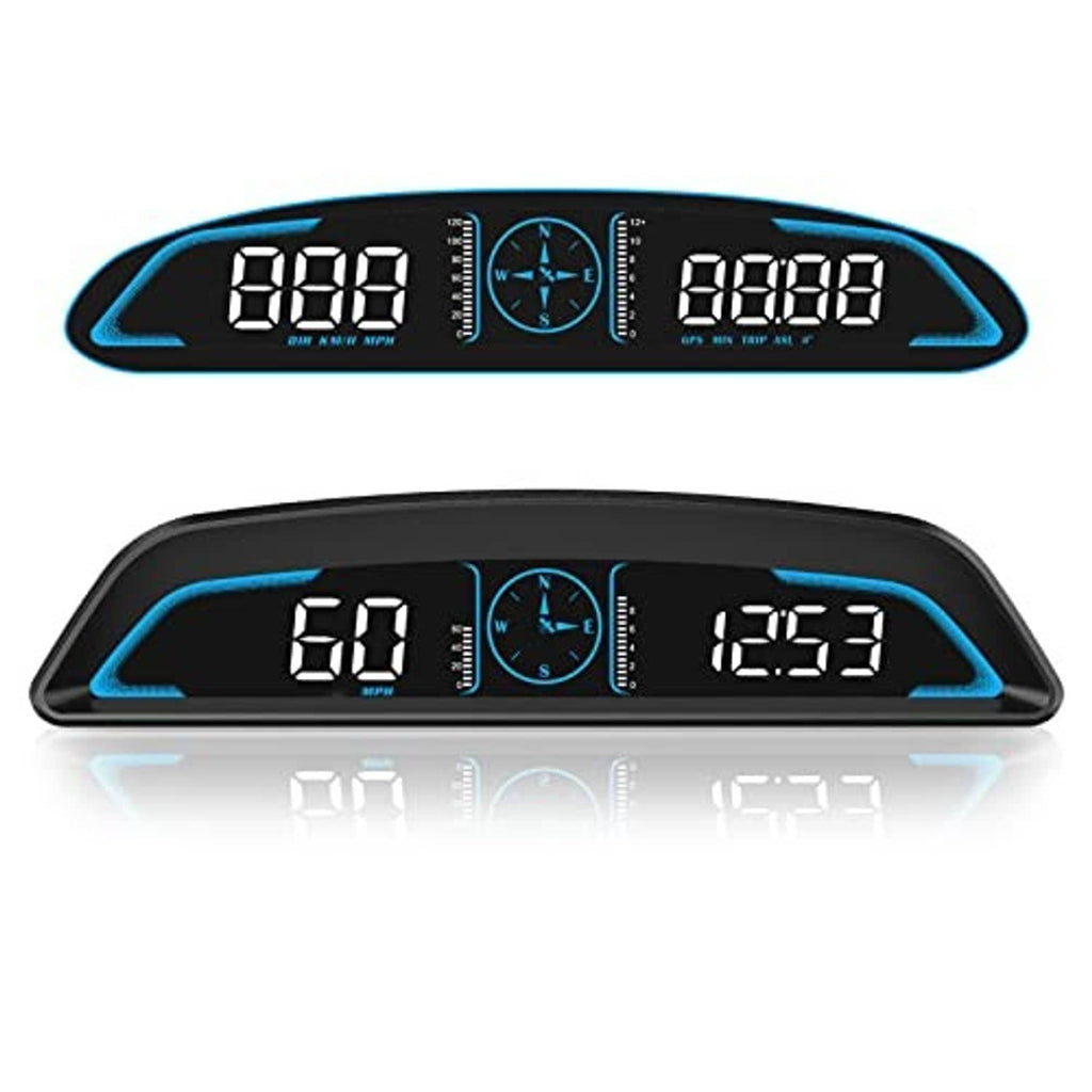 Digital GPS speedometer HUD display, black case with blue light bars and dual LCD screens