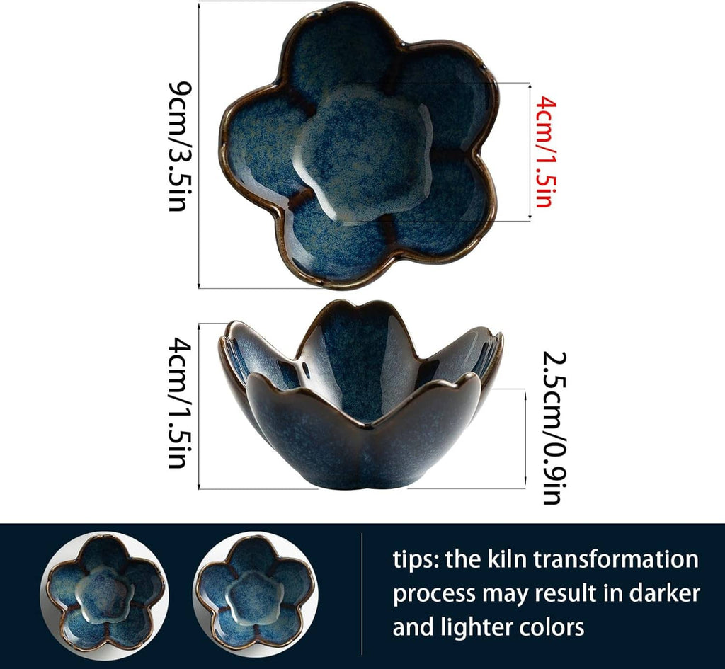 Blue ceramic flower ring holder dish shown with side and top size measurements