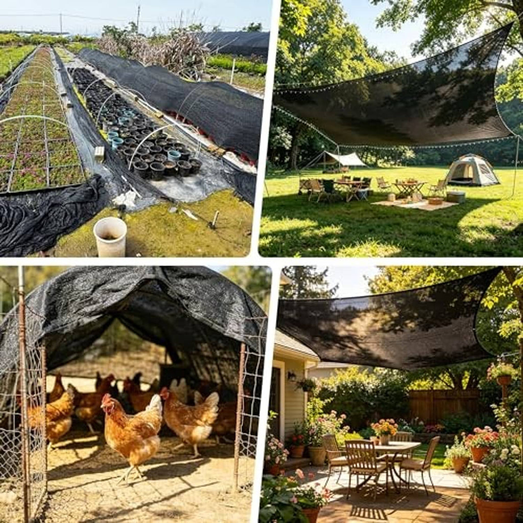 Black shade cloth canopy stretched between posts, for outdoor areas