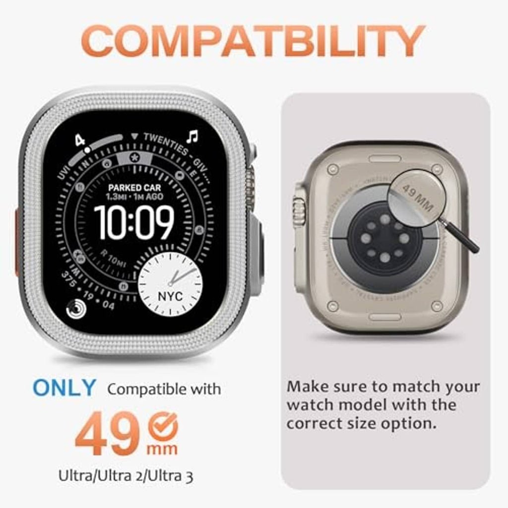 Silver 49mm metal watch cover set for Apple Watch Ultra, front and case cutout view