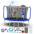8–14 ft blue trampoline with full safety net and basketball hoop, kids playing inside