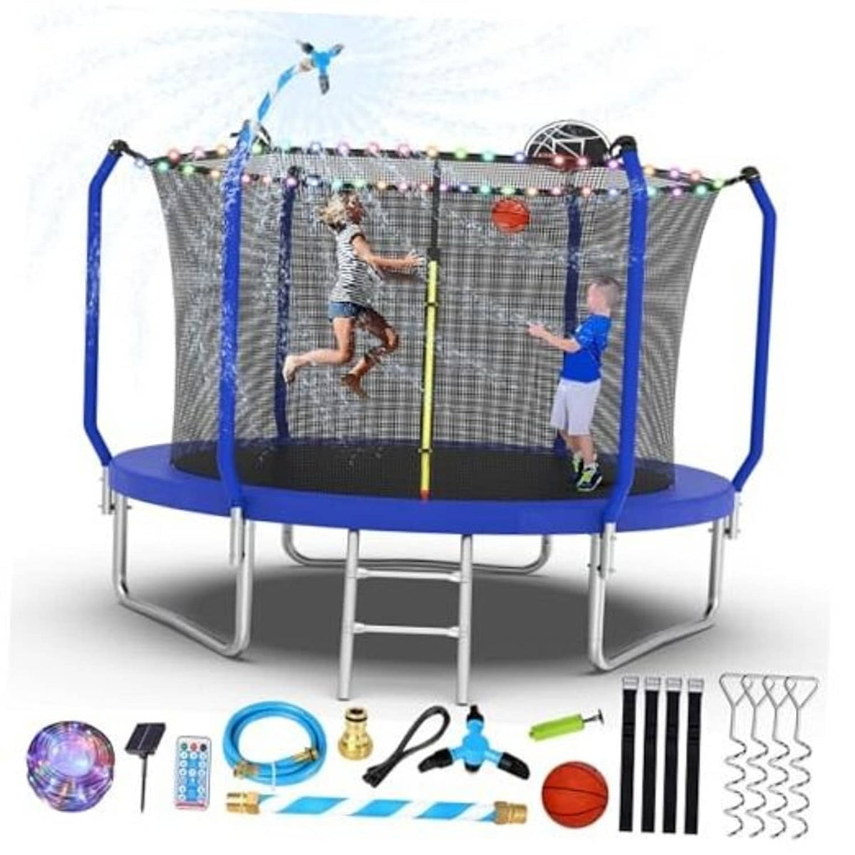 8–14 ft blue trampoline with full safety net and basketball hoop, kids playing inside