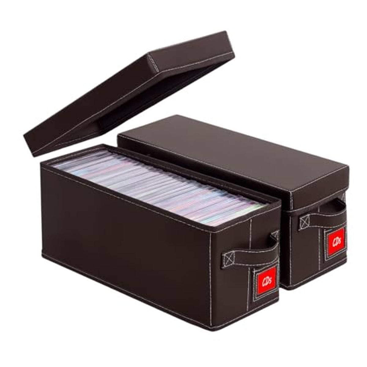 Brown faux leather CD storage box open at an angle with CD jewel cases visible