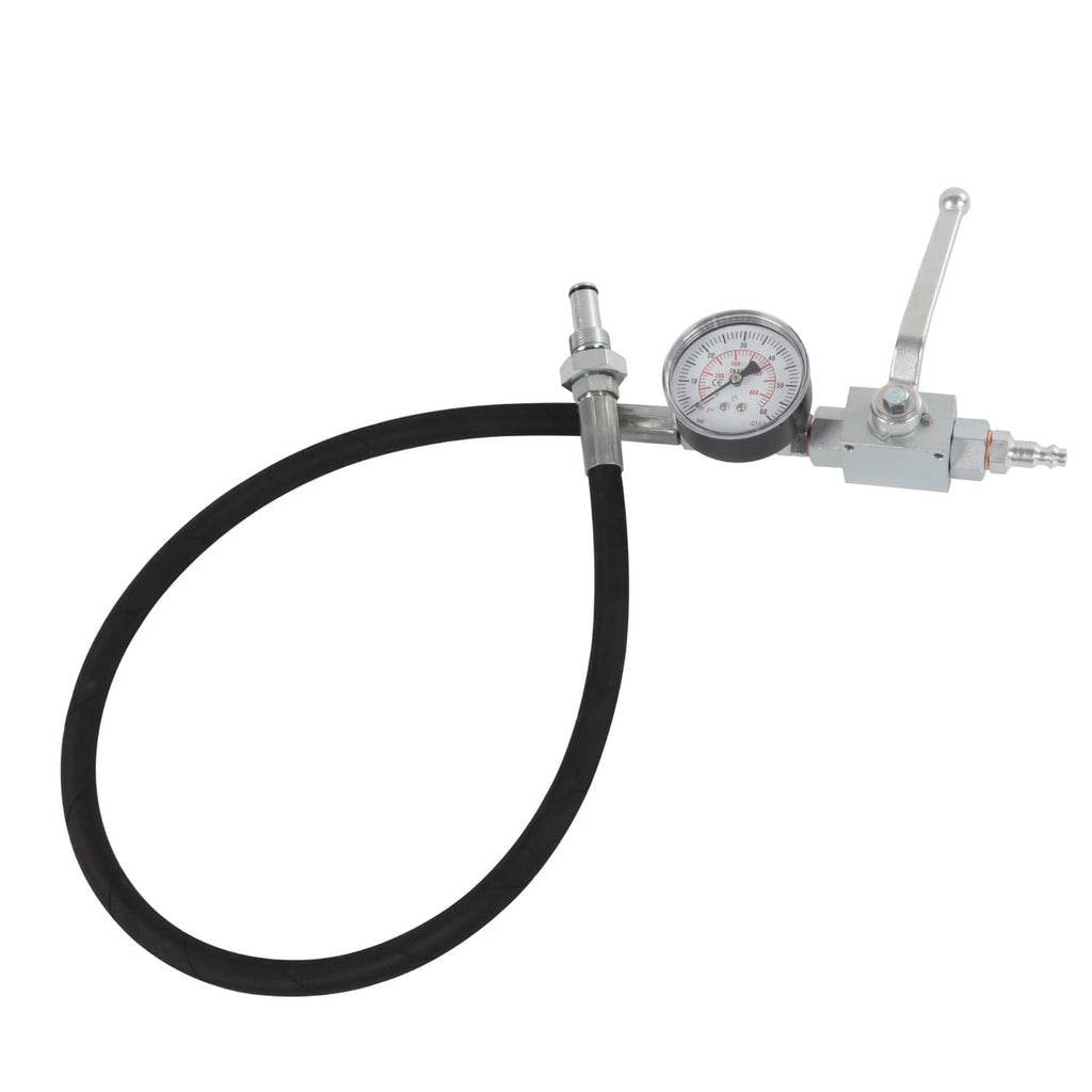 Complete pressure testing setup with gauge, valve body, and long black hose