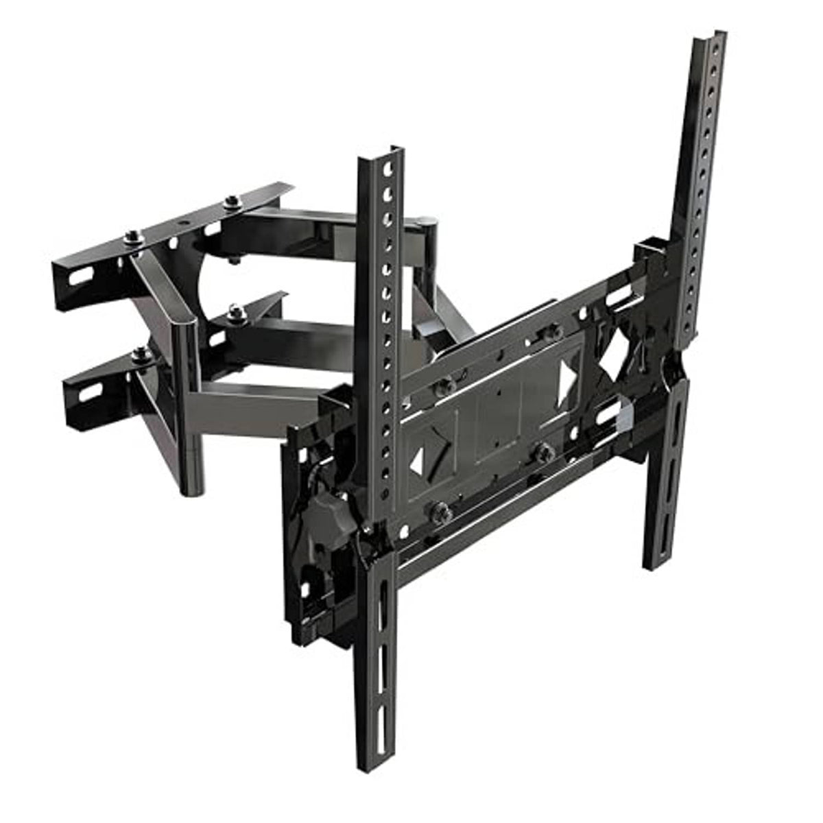 Full-motion TV wall mount with black rail bracket angled for TV placement