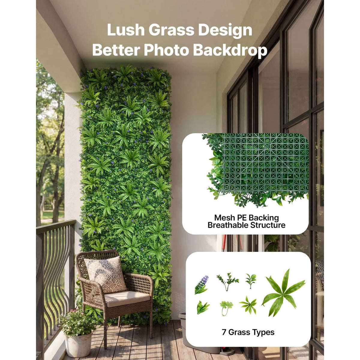 Artificial boxwood wall panel with square mesh backing detail and lush green leaves.