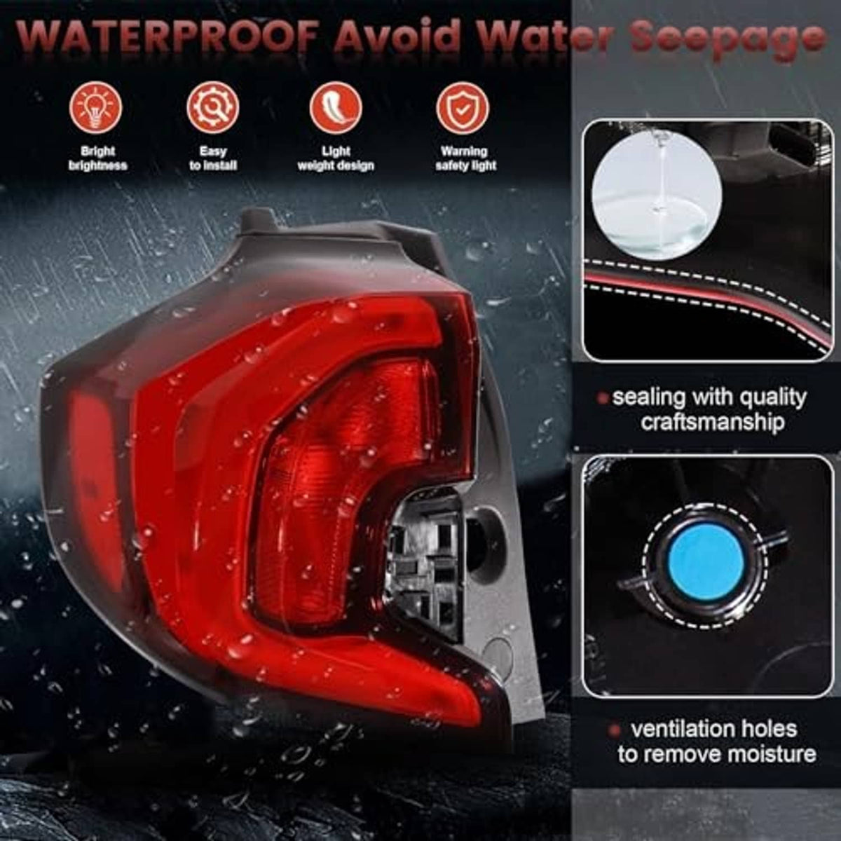 Tail light assembly with red lens on black housing, water-resistant sealed design