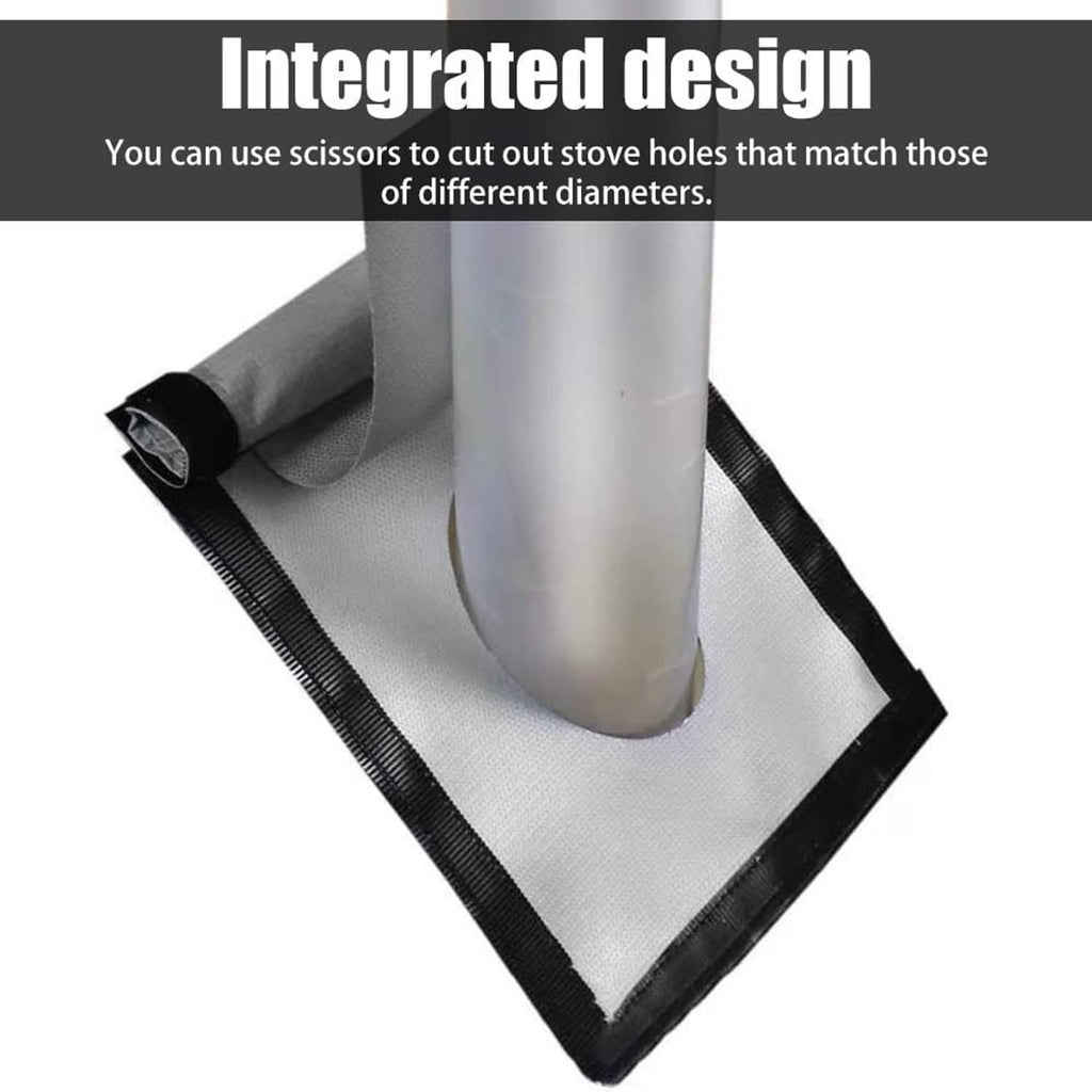 Tent stove jack fabric with integrated curved chimney opening area and black binding