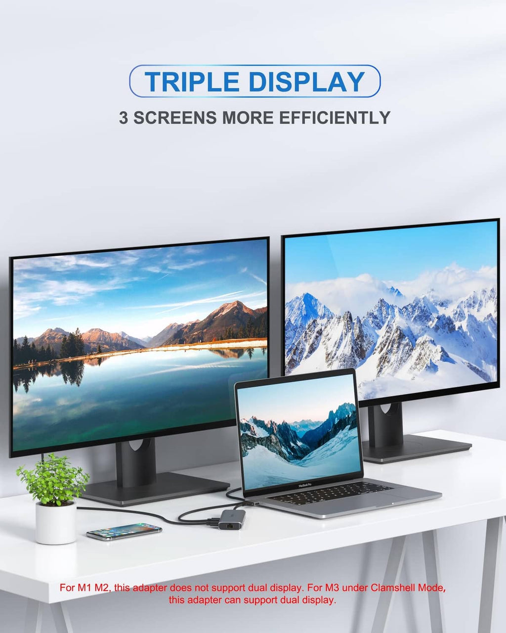 Triple-display laptop setup with three external monitors for efficient viewing