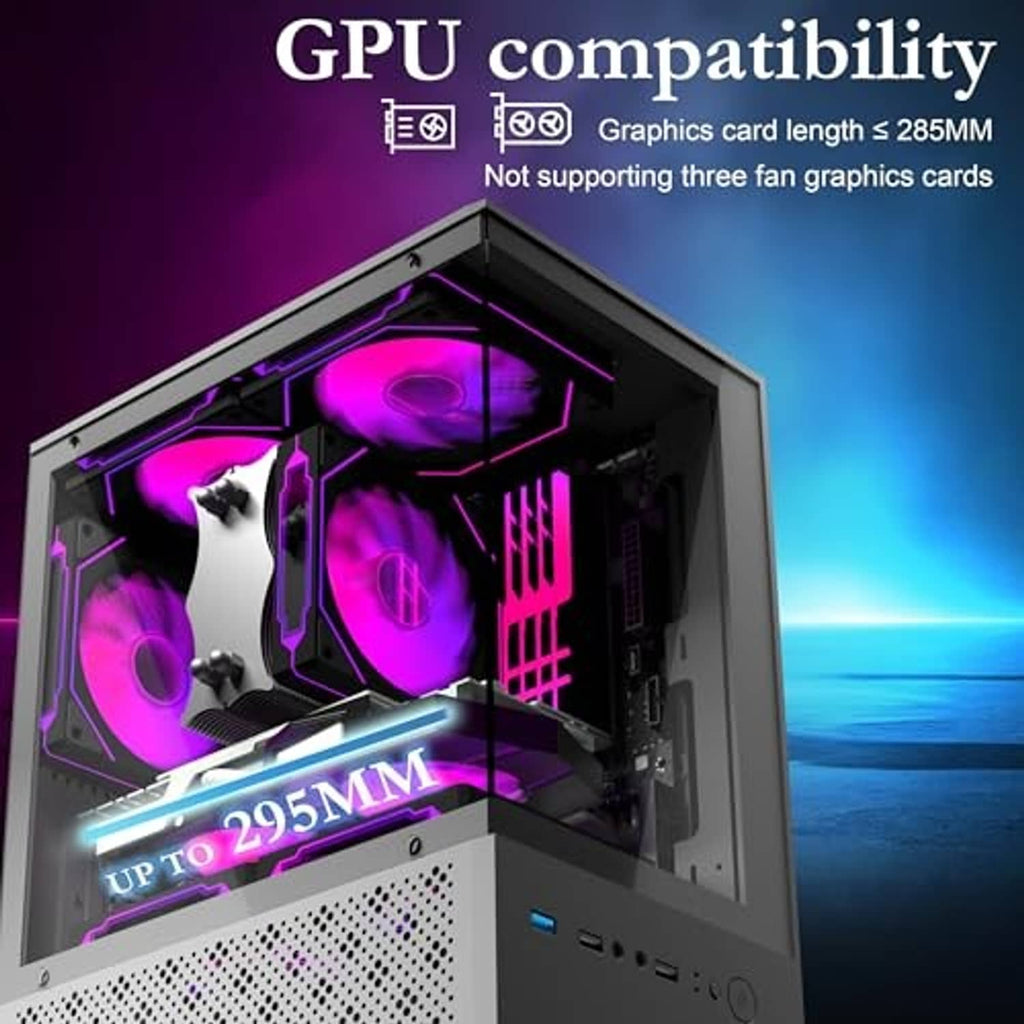 Black PC case with tempered-glass side showing ARGB 120mm fans and expansion area