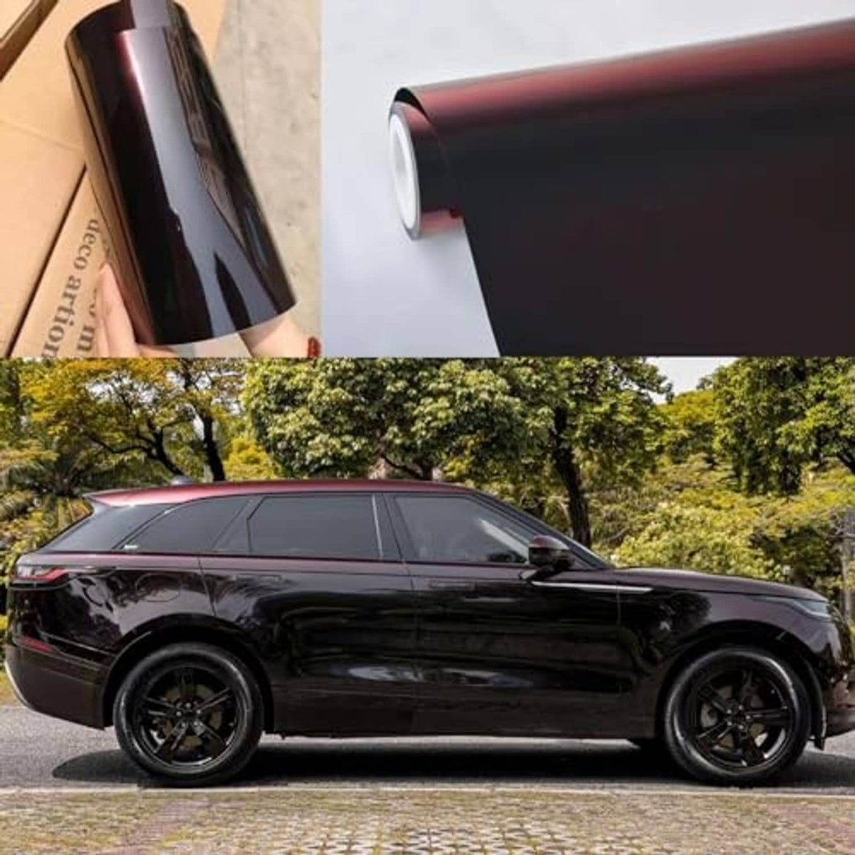 Black-to-red gloss chrome vinyl wrap film sheet and roll sample, metallic finish