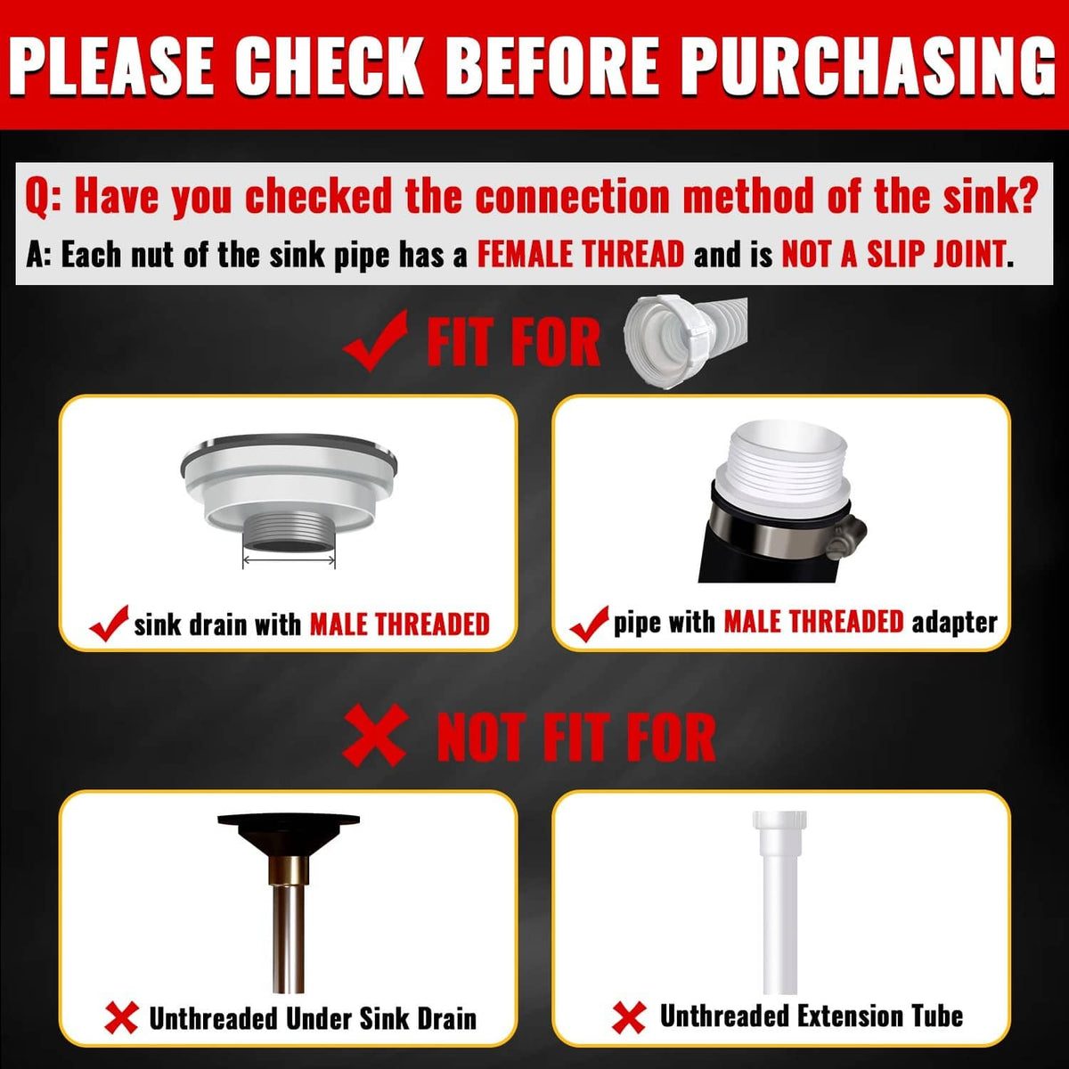 Flexible white sink drain P-trap pipe with fittings and black rubber sealing rings