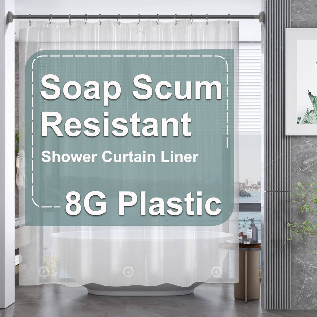 Clear plastic shower curtain liner hanging over bathtub, smooth and transparent