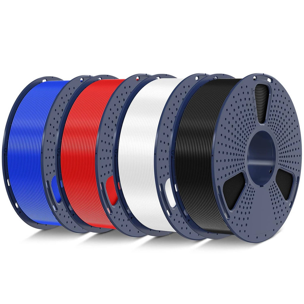 3D printer filament spools bundle in blue, red, white, and black PLA+.