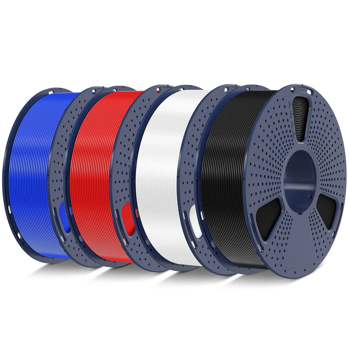 3D printer filament spools bundle in blue, red, white, and black PLA+.
