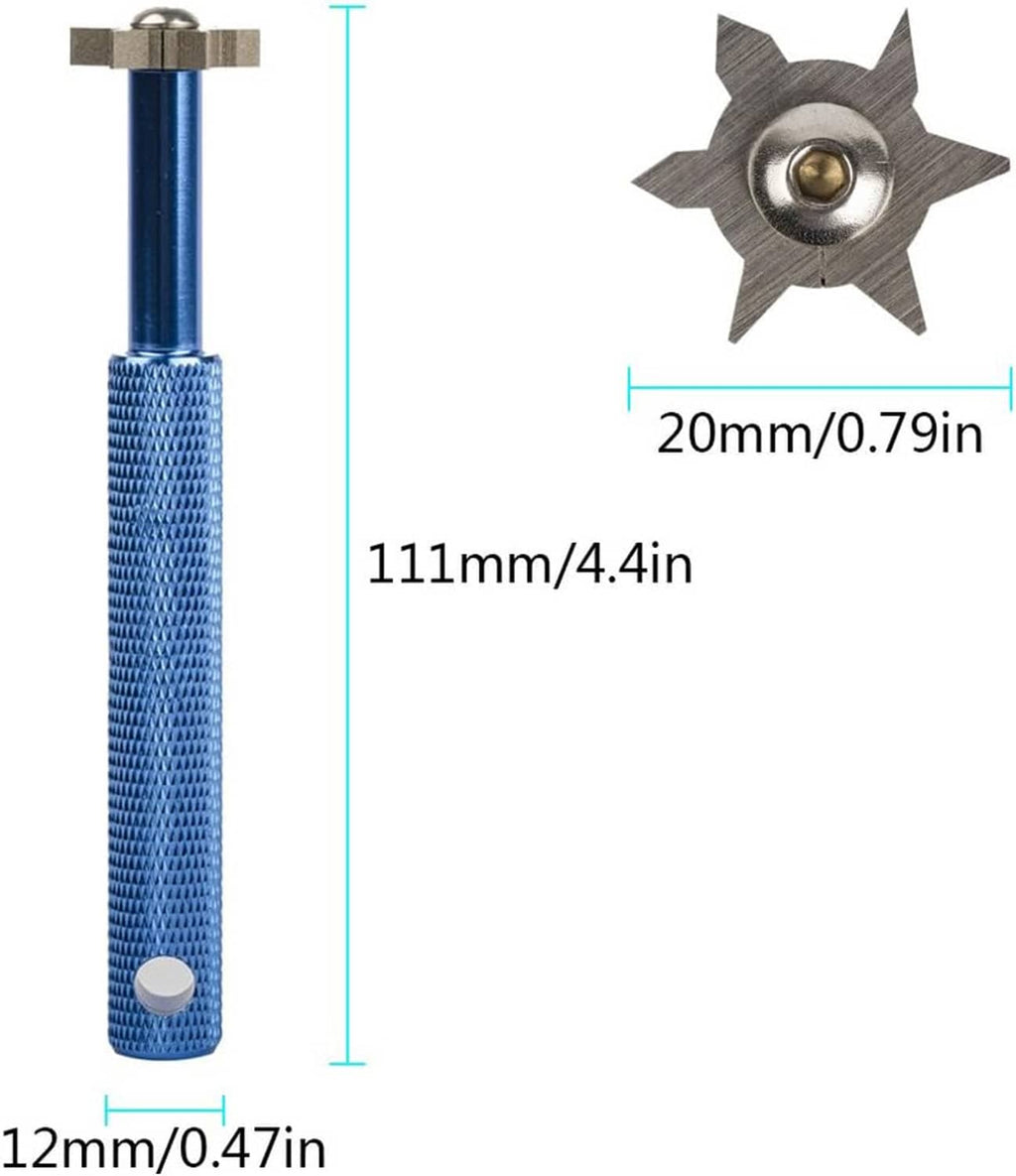 Blue cylindrical groove sharpener with star-shaped grinding head and size markings