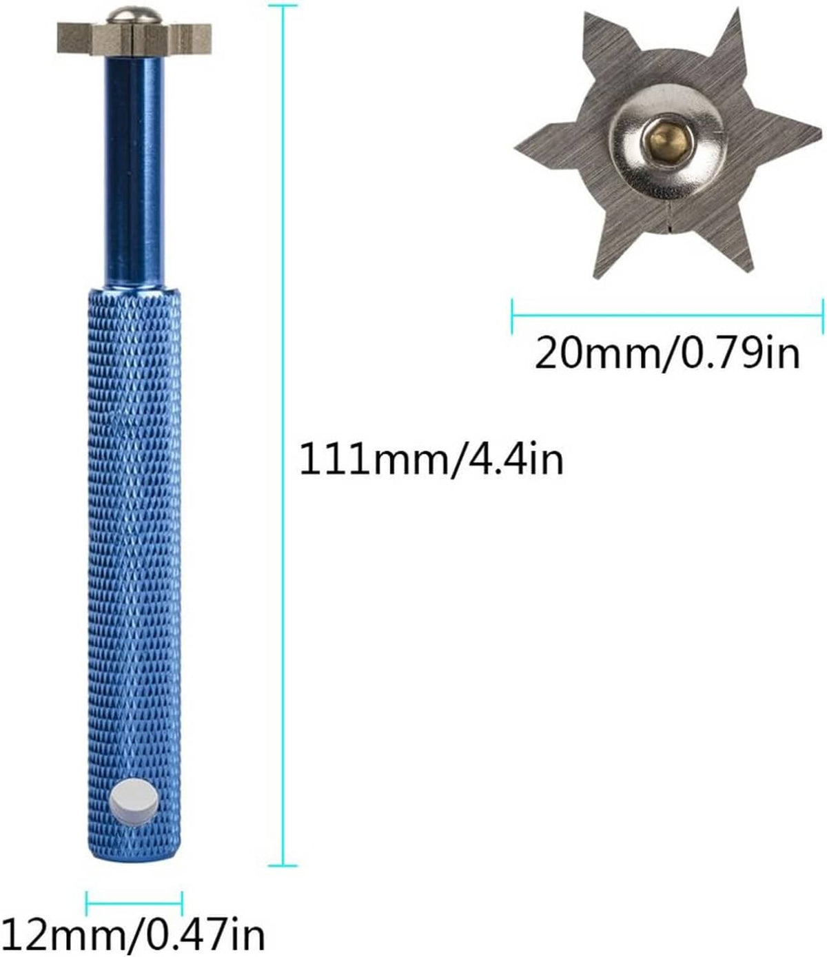 Blue cylindrical groove sharpener with star-shaped grinding head and size markings