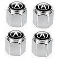 Silver metal tire valve stem caps with black tops and white emblem, four-pack view