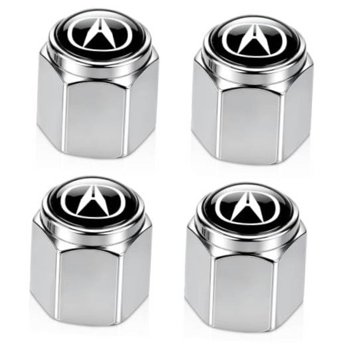 Silver metal tire valve stem caps with black tops and white emblem, four-pack view