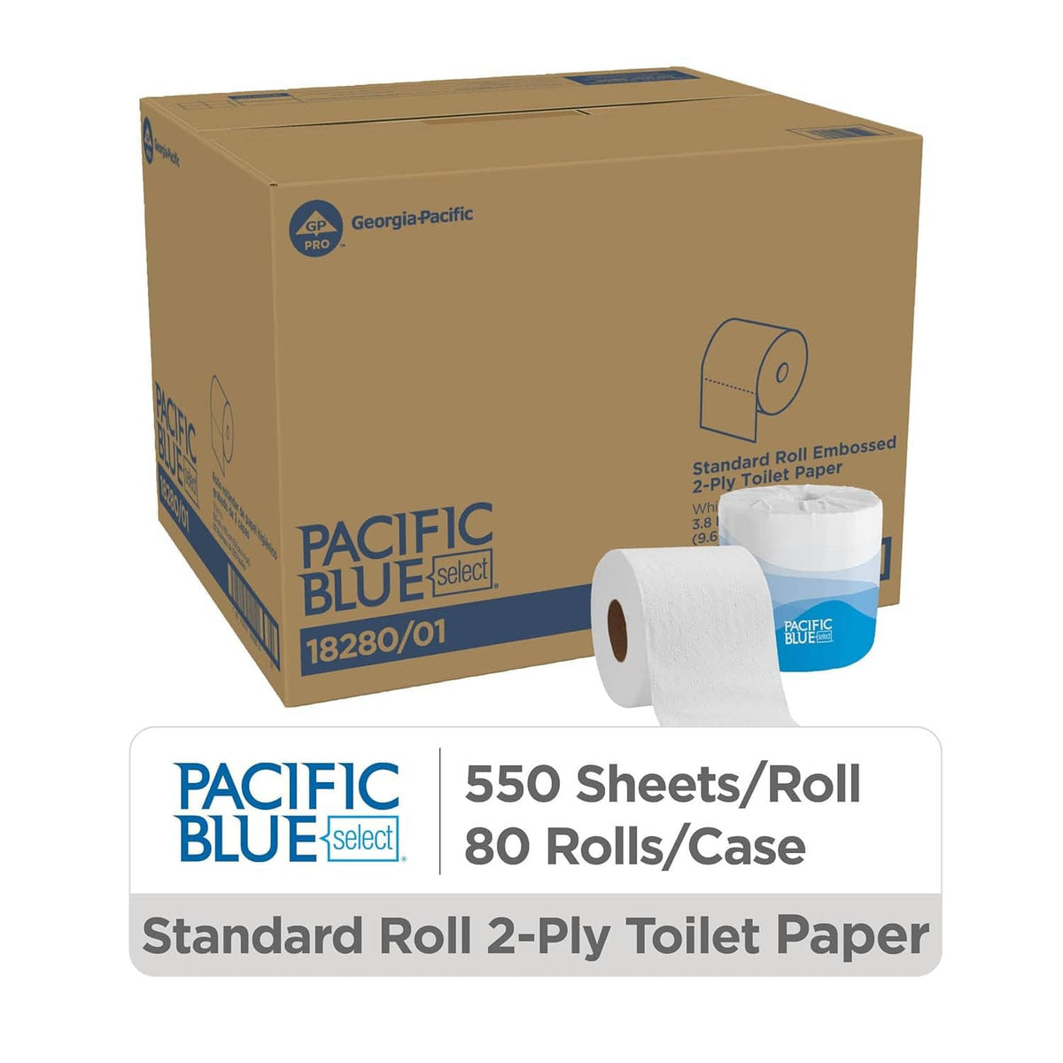Case of 2-ply embossed standard toilet paper rolls with branding and a roll showing