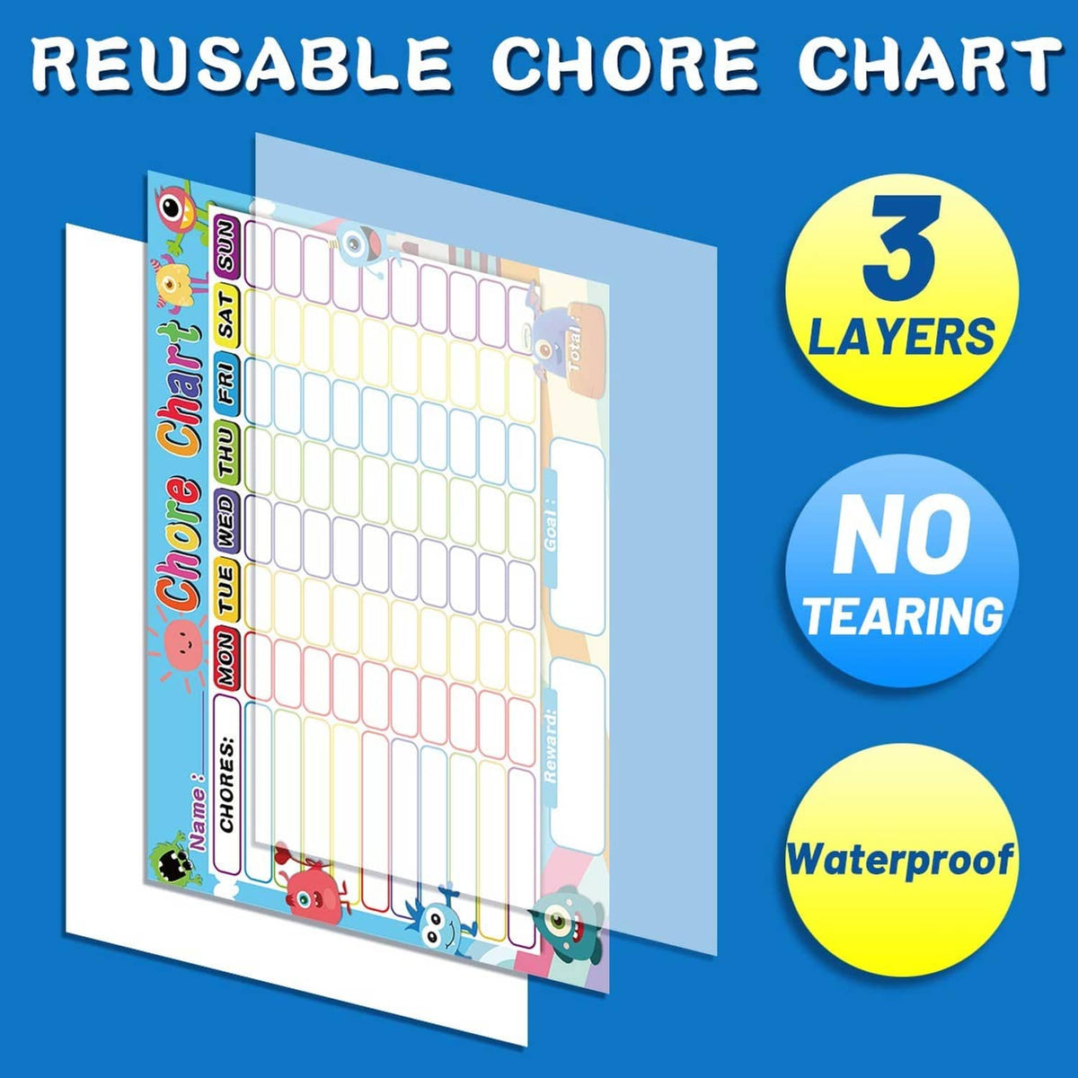 Reusable chore chart sheet with 3 layers, no tearing, and waterproof badge