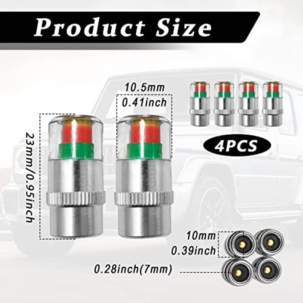 Four silver tire valve stem caps with red and green indicator bands
