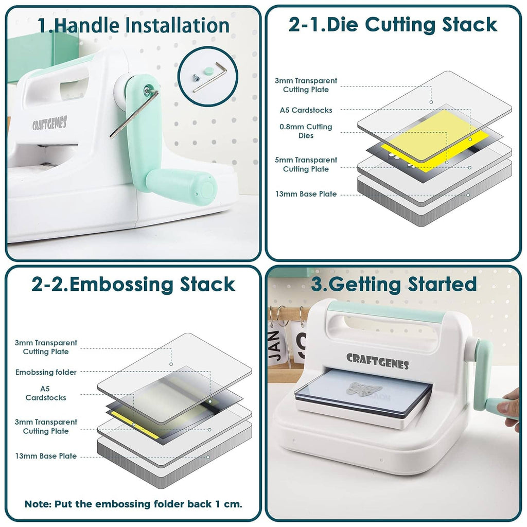 Manual die cutting and embossing machine with instruction-style panels and stacks