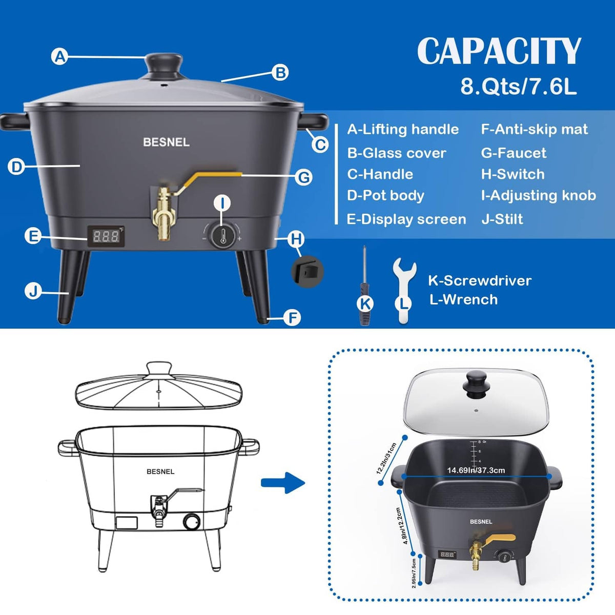 Black electric wax melter diagram view with lid, brass faucet, and control knob