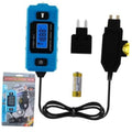 Blue automotive circuit tester with LCD screen, power button, cable and adapter plugs