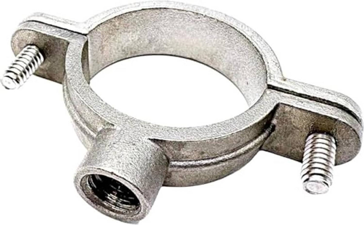 Stainless steel split ring hanger clamp with two screw fasteners, circular pipe mount