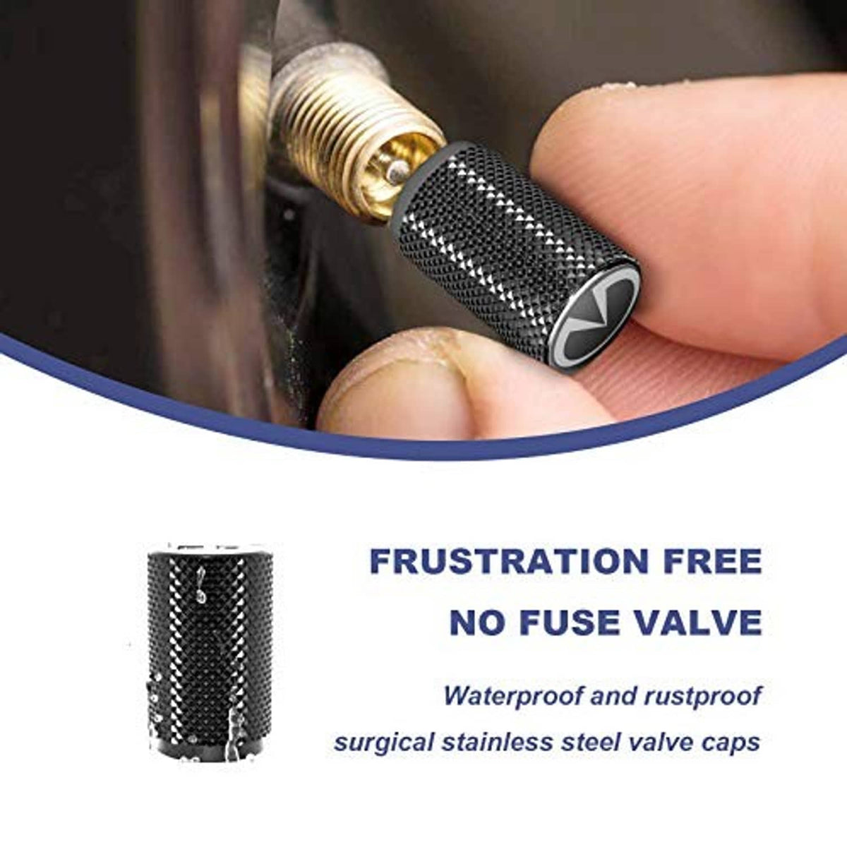 Close-up of a hand installing a textured metal tire valve cap on a valve stem