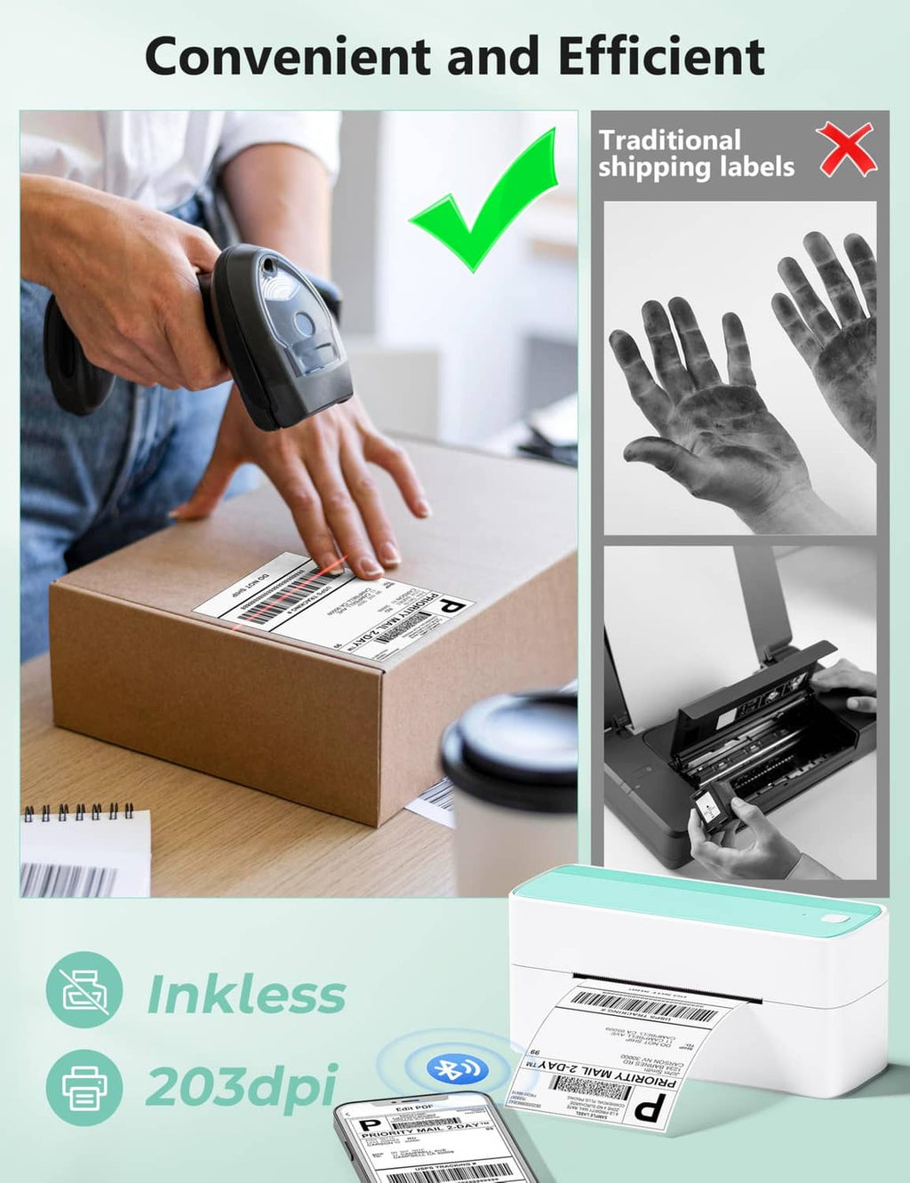 White thermal shipping label printer with mint-green top and label sample