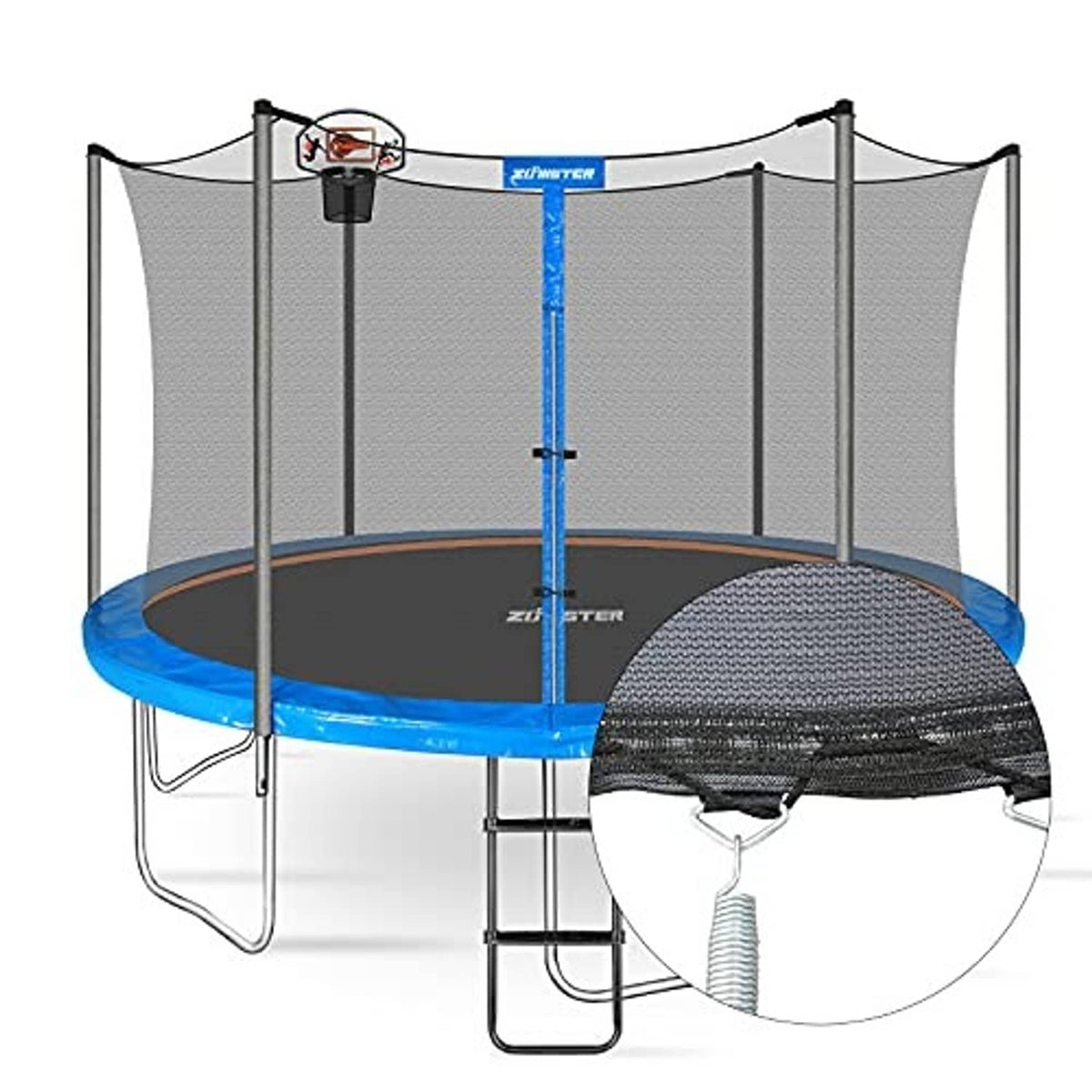 Trampoline safety net with black flap and zipper opening near ladder on frame
