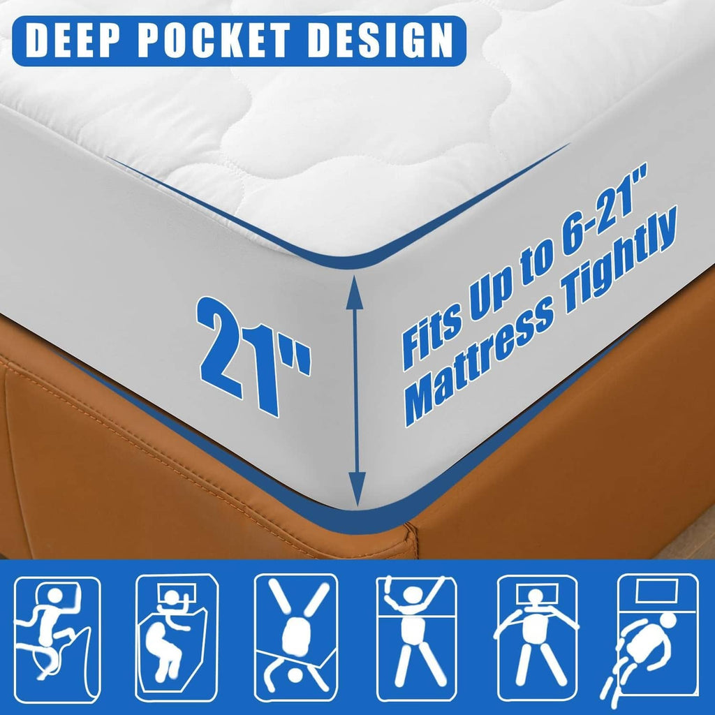 White mattress protector with deep-pocket fitted corner and blue edge trim