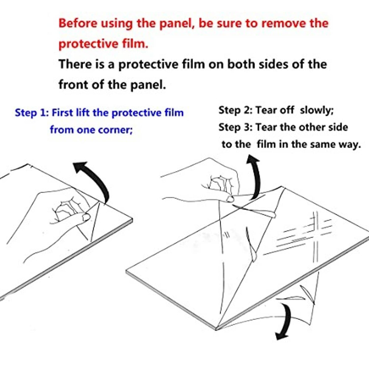 Instruction graphic for removing protective film from a picture frame panel