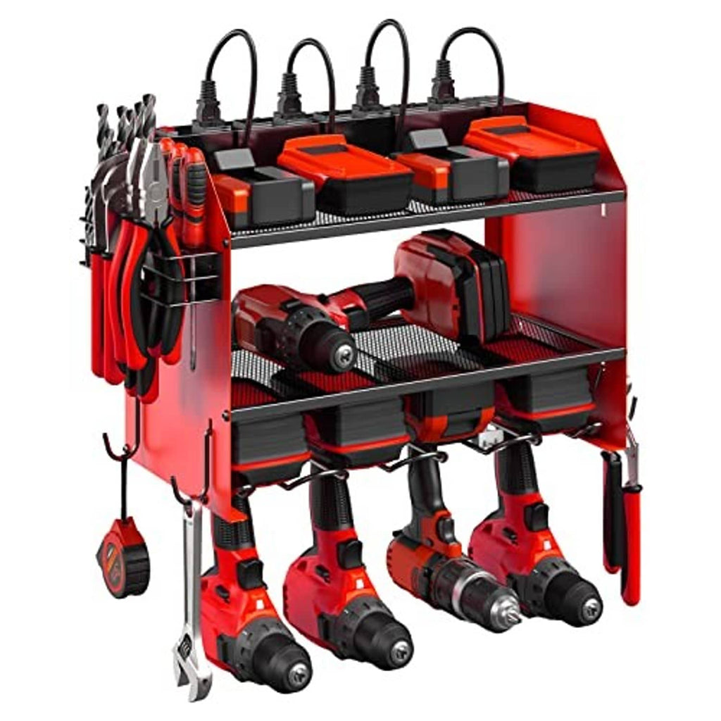 Red modular power tool organizer wall mount with hanging hooks and tool charging sockets