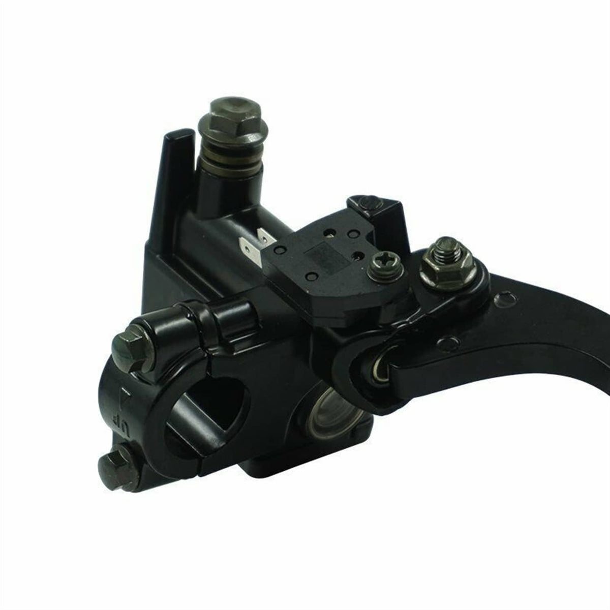 Black brake master cylinder mounting bracket and hydraulic reservoir close-up