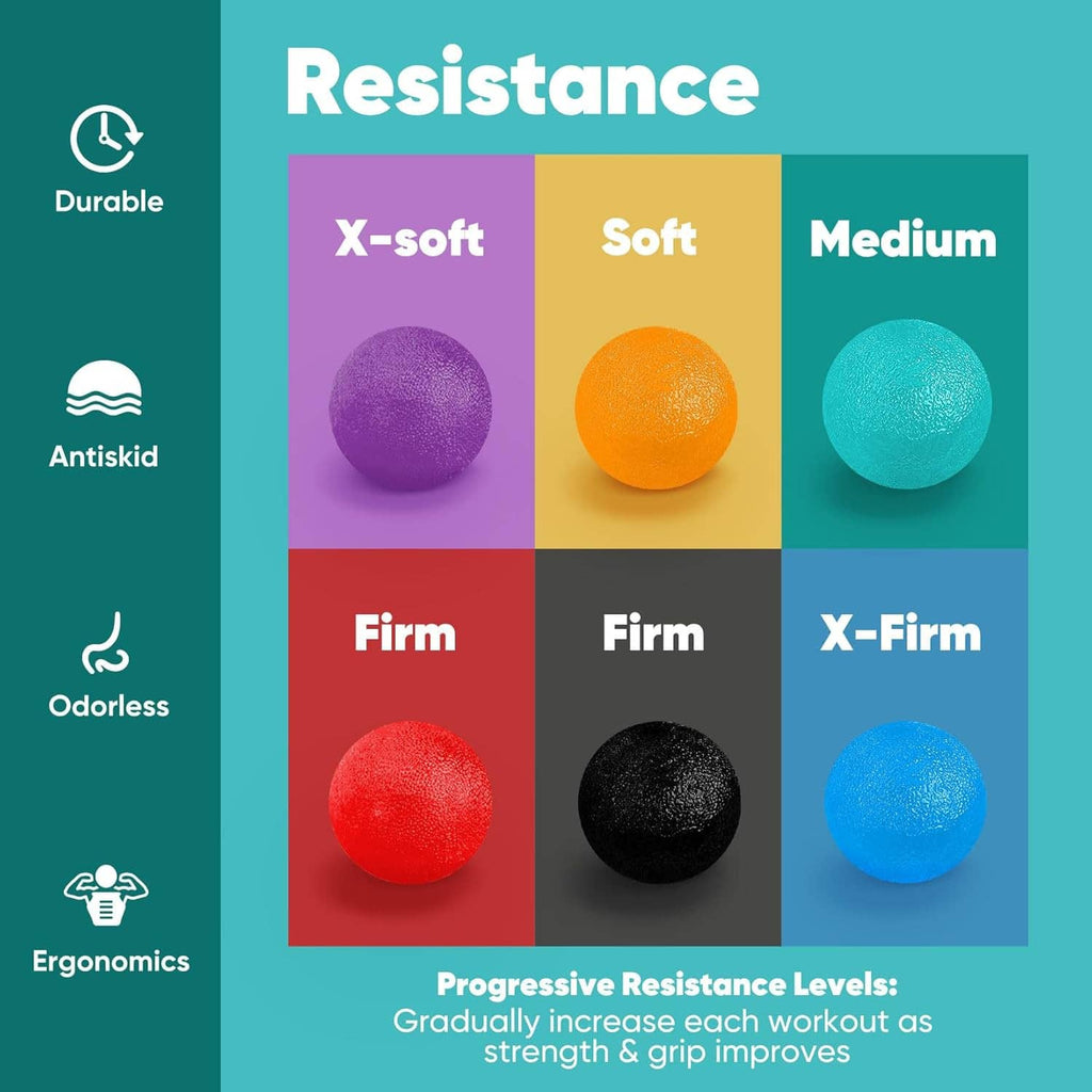 Set of resistance hand exercise balls: purple, orange, teal, red, black, and blue.