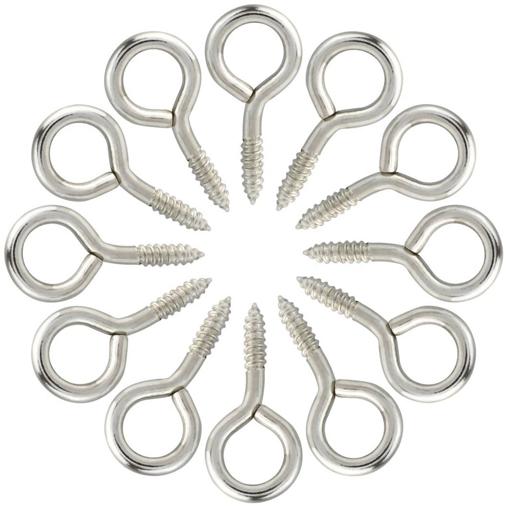 Set of silver screw eye hooks arranged in a circular pattern; loop heads and threads visible