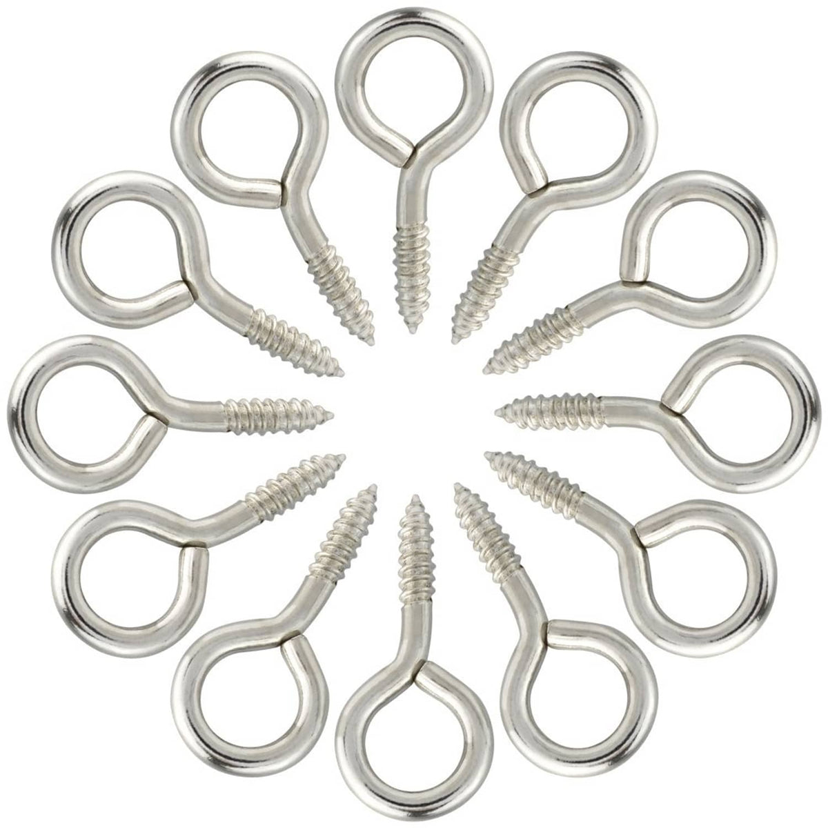 Set of silver screw eye hooks arranged in a circular pattern; loop heads and threads visible