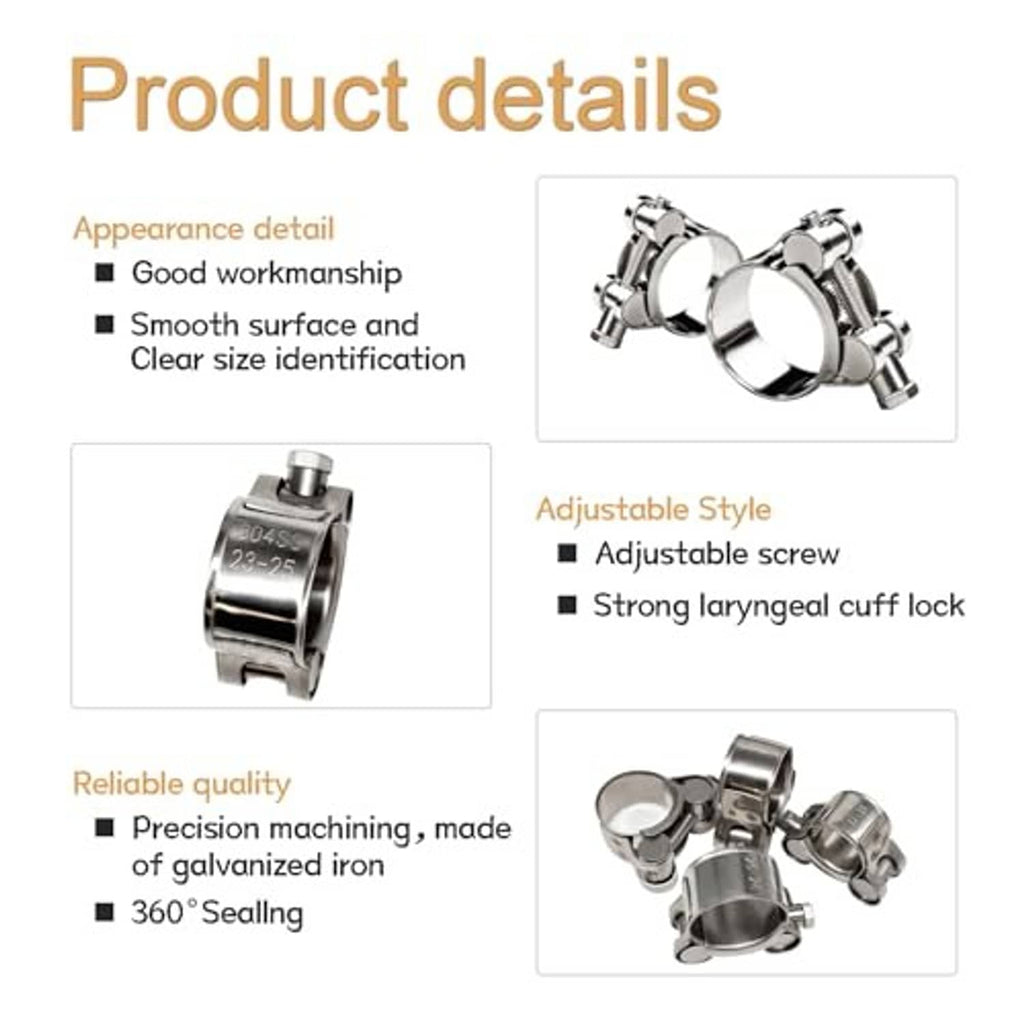 Stainless T-bolt hose clamp product details infographic with adjustable style