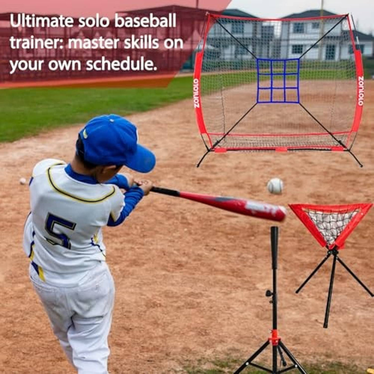 Solo baseball training setup: red strike net with blue zone grid and tripod stand