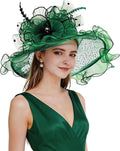 Women's green organza derby hat with wide brim, black flower accents, and polka-dot mesh veil