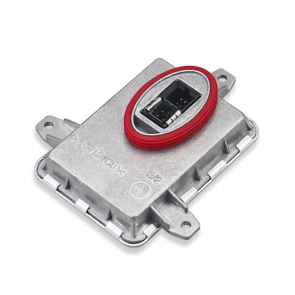 Xenon HID igniter module with oval socket and red trim, silver metal housing