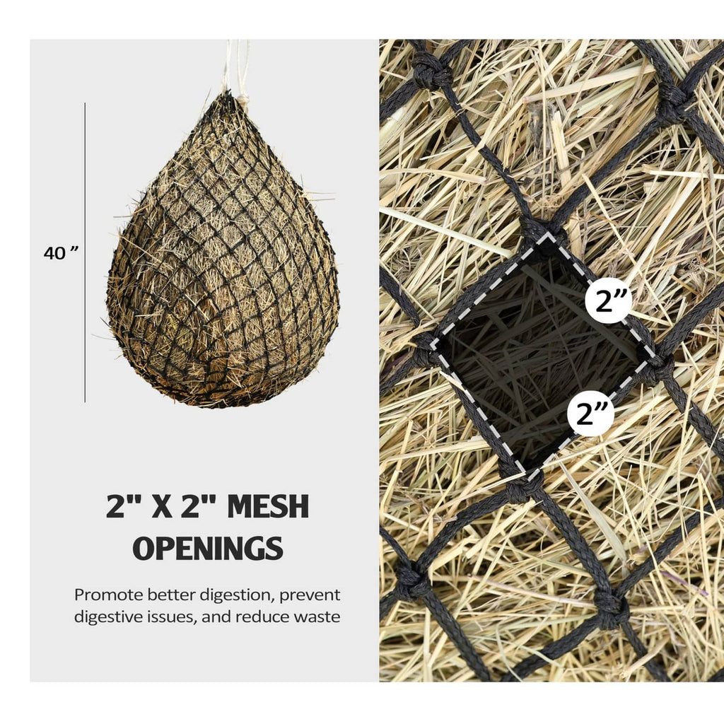 Slow feed hay net bag in tan netting with black suspension ropes