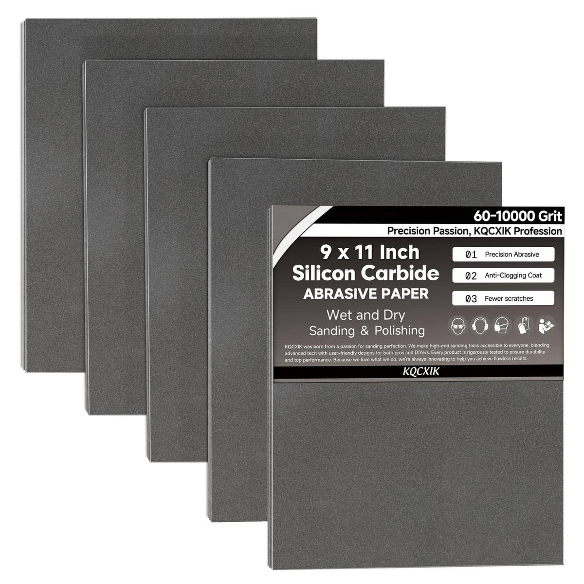 Black wet/dry sandpaper sheets, 9 x 11 in, 1200 grit, 12-pack stack