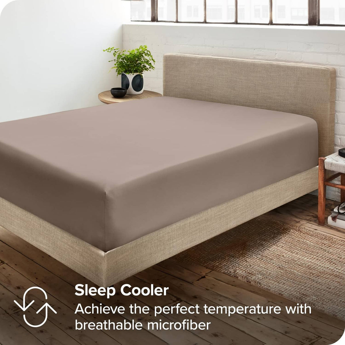 Taupe fitted sheet set on bed with smooth microfiber surface