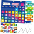 Blue monthly classroom calendar pocket chart with numbered pockets, reusable cards, and metal hooks